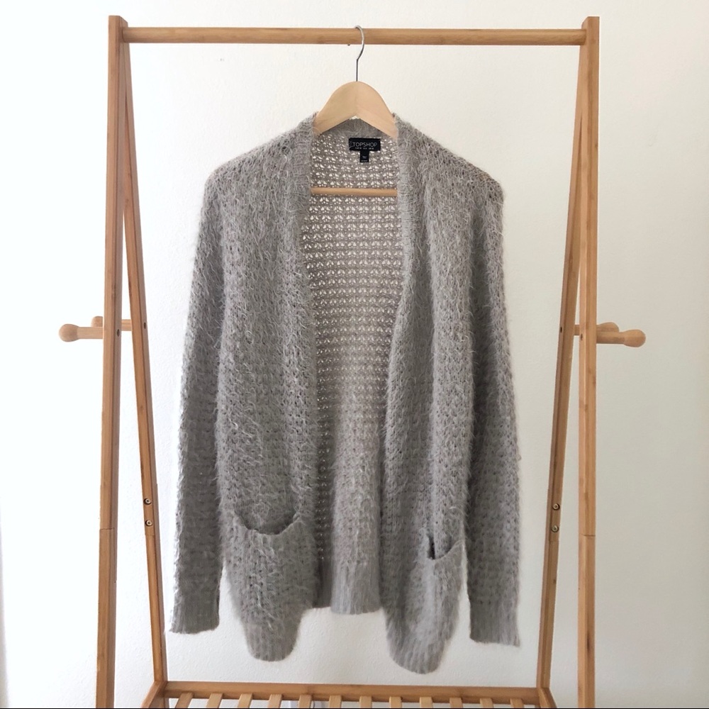 Topshop Grey Fuzzy Knit Open Front Cardigan